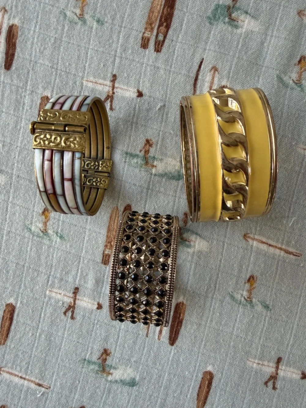 Set of 3 Gold-Tone Wide Bangle Bracelets with Enamel and Filigree